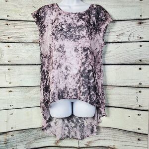 Eyeshadow Women’s High-Low Tunic Top Size M Pink Black Marble Sheer Cap Sleeve B